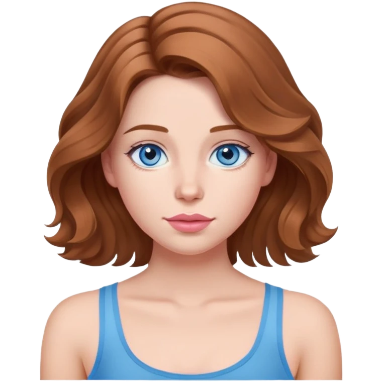 Girl with chestnut wavy hair slightly below the shoulders, in a blue tank top with thin straps, with plump soft pink lips and gray-blue eyes. emoji