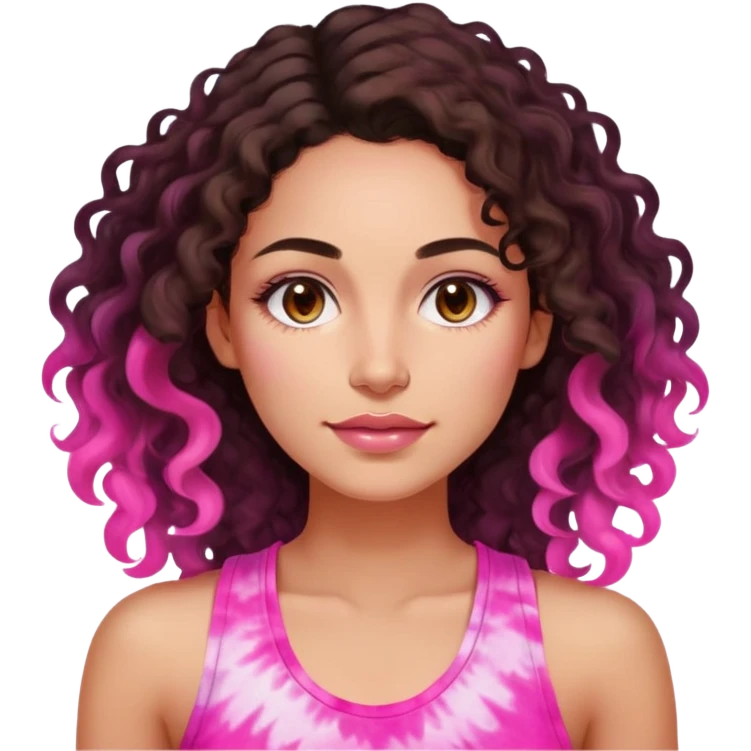Woman in her 30s with luminous skin, long defined dark brown curls, large brown eyes, full lips with natural pink color, wearing bright pink tie-dye tank top, nurturing warm expression emoji