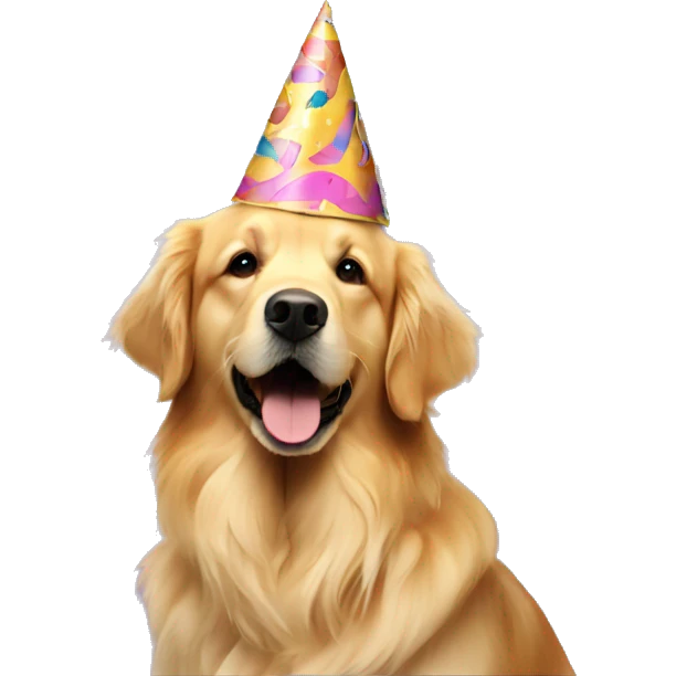 golden retriever with a party hat and birthday cake emoji