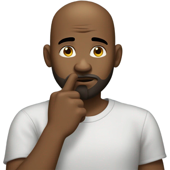 A bald black man with a beard and goatee in deep thought scratching his beard with his right index finger across his lips. emoji