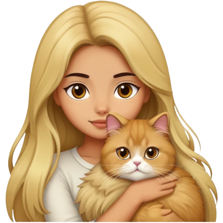 olive skin girl with long brown hair, hugging an fluffy blonde persian cat emoji