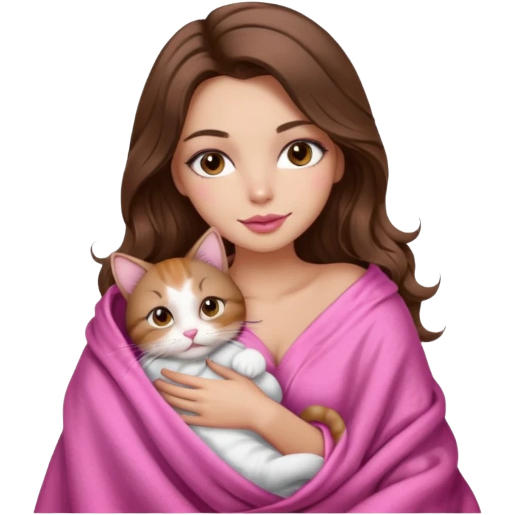 girl with long wavy brown hair, brown eyes, long lashes makeup, sexy pink lips, light to medium complexion, wearing a pink sexy silk top, big blanket over the head cozy holding a cat emoji