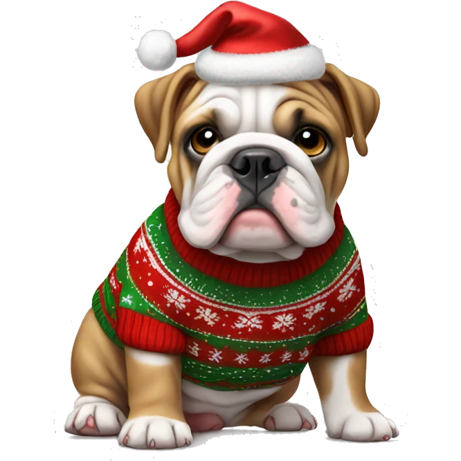 old english bulldog puppy wearing a christmas sweater  emoji