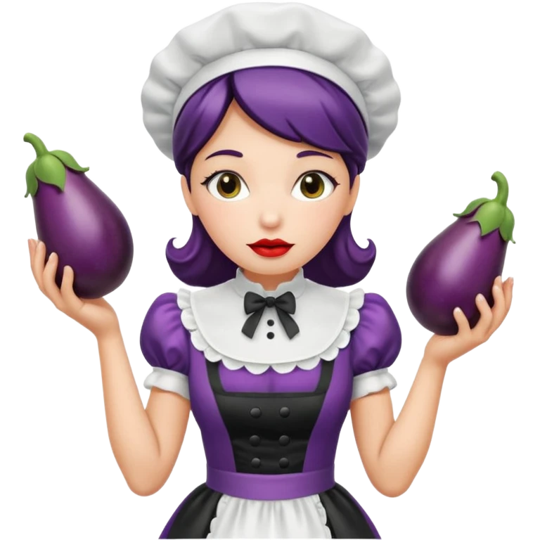 A women in a black and white maid dress with her lips around a wet eggplant emoji