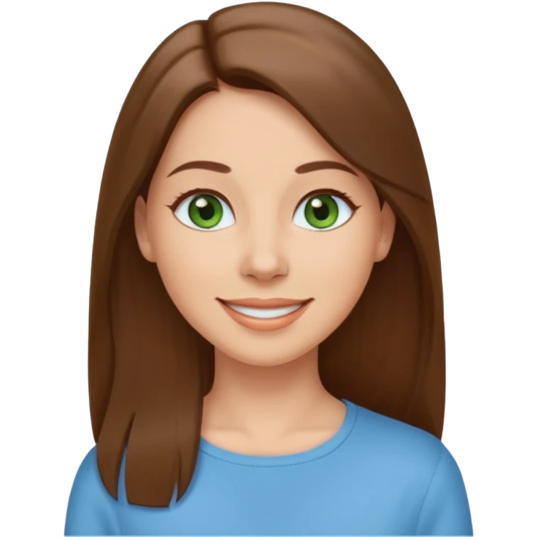 Adult woman avatar, light skin tone, oval face, straight long brown hair, green eyes, neutral mouth, sky blue top emoji