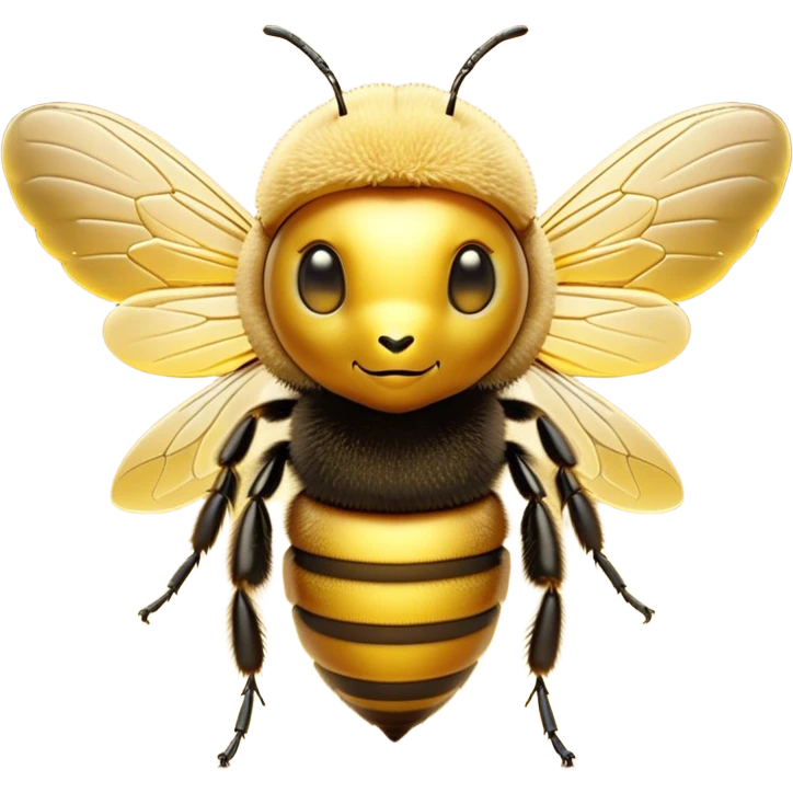 Cinematic Noble Bee Portrait Emoji, Poised and industrious, with a compact, fuzzy body in golden-yellow hues, delicate translucent wings, and a focused, determined expression with sparkling eyes, Simplified yet sharp and sophisticated features, highly detailed, glowing with a soft, sunny radiance, high shine, intelligent and diligent, stylized with an air of natural elegance, focused and alert, soft glowing outline, capturing the essence of a watchful bee that appears ready to buzz out of the screen with effortless authority! emoji