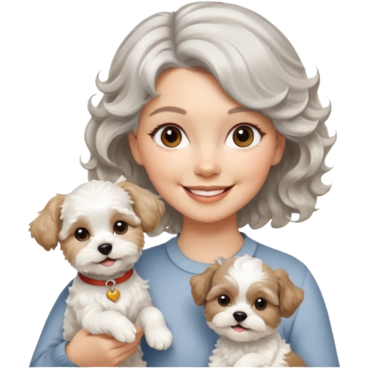 silver, short, wavy-haired with loose curls, smiling pretty lady holding a white terrier and a white/tan shih tzu dog emoji