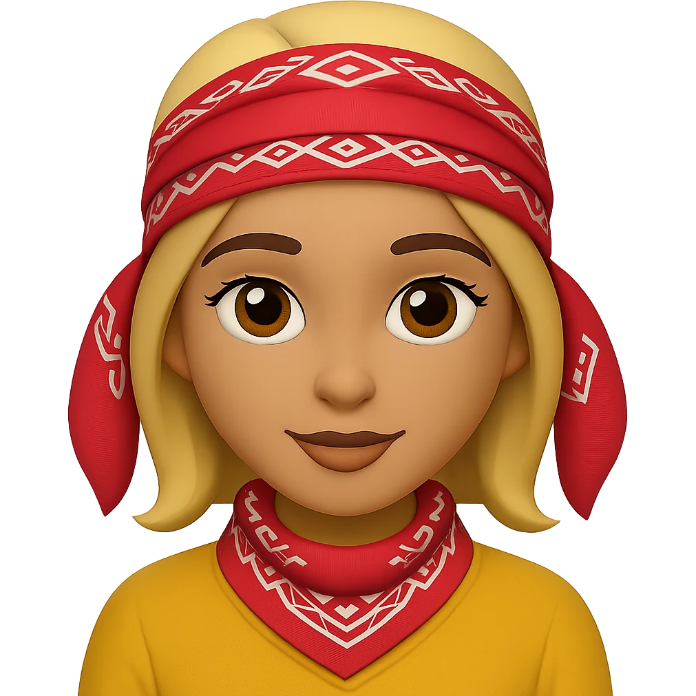 Create an image of a woman with a bandana and orange hair in the style of Apple emojis, with no background. The style should mimic the look of Apple emojis. emoji
