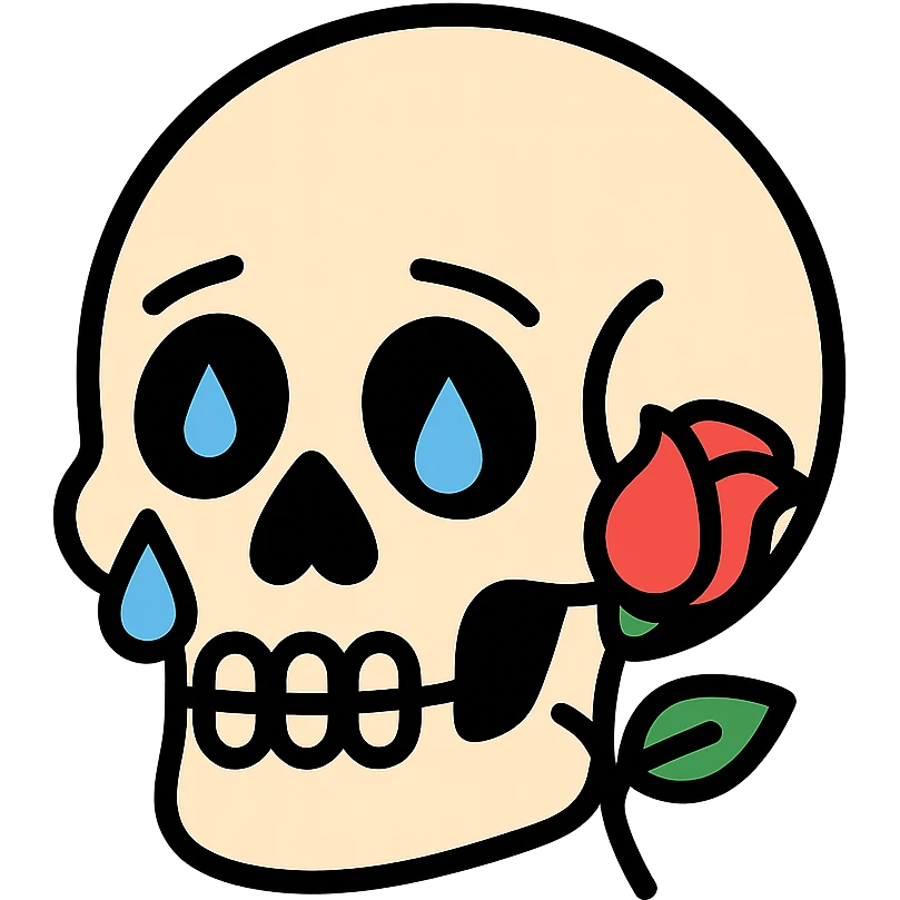 stylized skull with large teardrops holding a wilted rose, modern icon style emoji