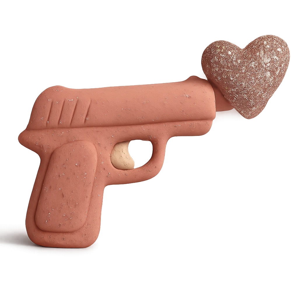 Add sparkling glitter details to the claymation pink heart pistol, keeping the soft pastel colors and visible fingerprints, with no background. emoji
