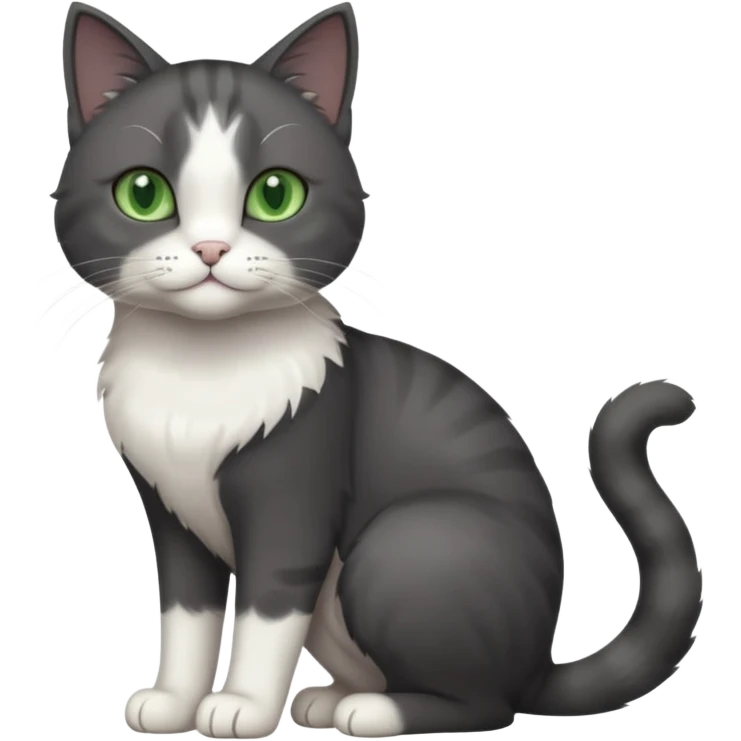 full body view of beautiful female solid dark grey cat with green eyes, white toes/paws and white patch on her chest emoji