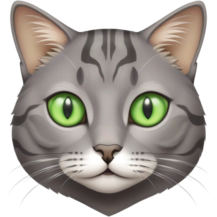 grey cat with tabby markings, small close-set bright green eyes emoji