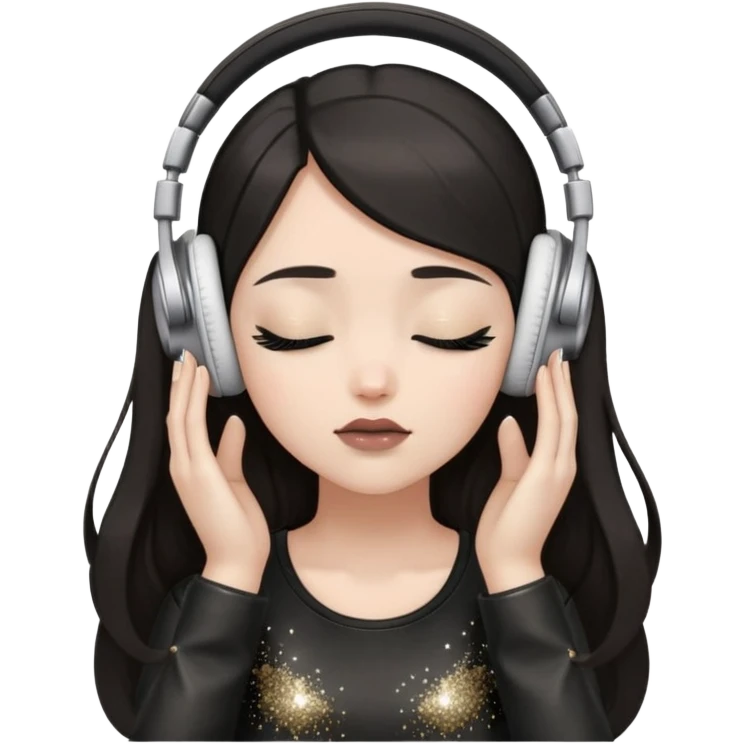 Girl with long dark hair, fair skin tone, wearing a black leather top, has glitter on her eyelids, and taupe lipstick, wearing white headphones, her hands are on her ears, and her eyes are close emoji