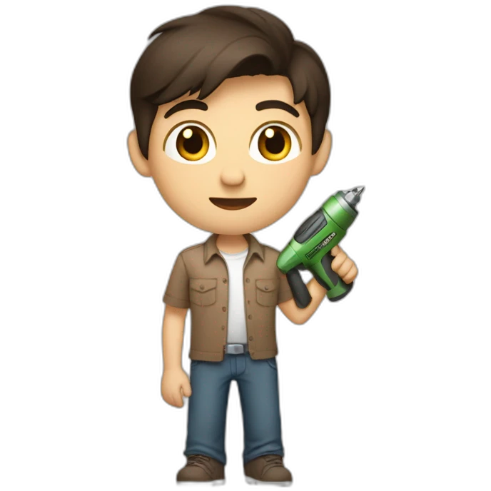 short dark hair white young boy in brown button up shirt with a tshirt under holding a drill emoji
