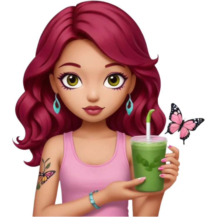 a pretty fair bratz girl with wavy dark red hair, wearing a pink tank top , carrying a matcha . eyeliner on. butterfly tattoo on arm emoji