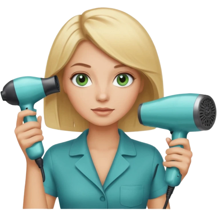 Blonde bob girl hair stylist with blue green eyes holding a hair dryer emoji