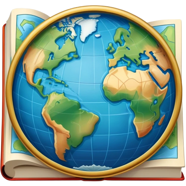 an icon featuring an earth with attitude and longitude lines, a textbook, and a topographic map, symbolizing geography as a science. The design includes a compass, mountain ranges, and rivers, representing the study of Earth's features and landscapes. Transparent background highlights geography. emoji