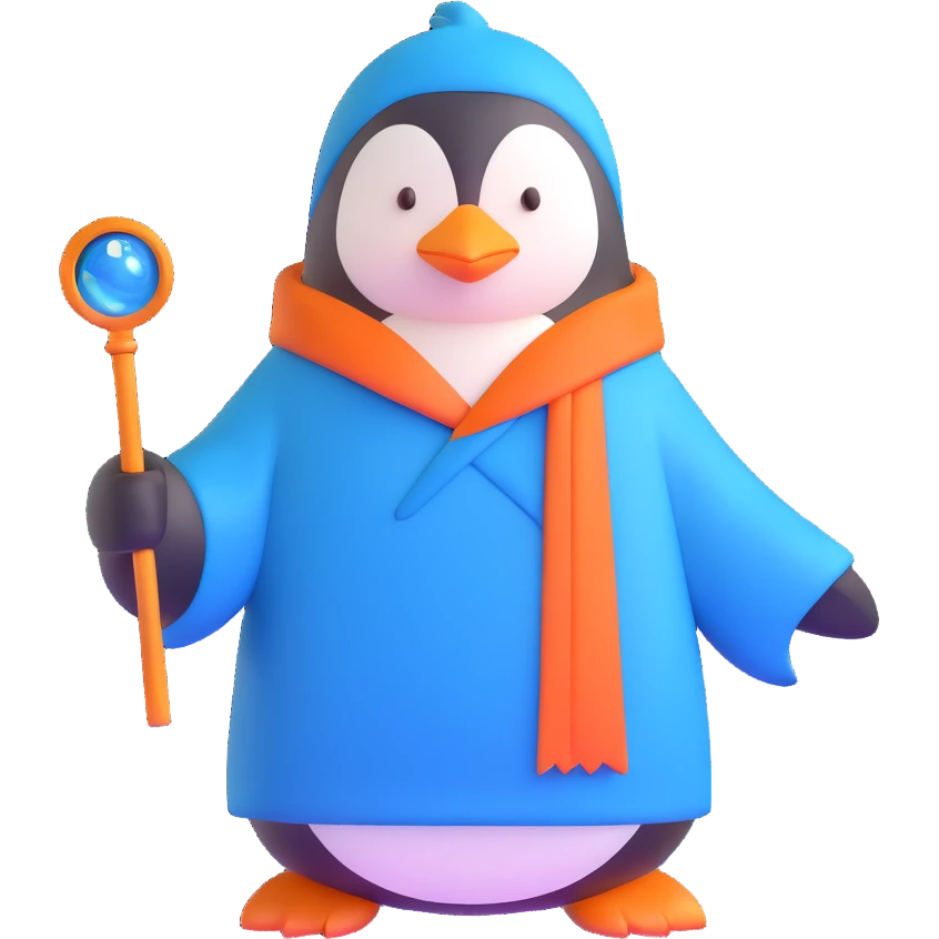 penguin wizard with a blue robe and magic wand emoji