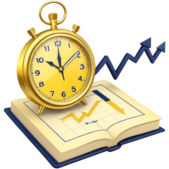 A yellow productivity book with navy blue and gold details, running clock and chart with upward trend aura, radiating productivity, strategy, and success in motion with time and happiness yellow... power in time aura of happiness emoji