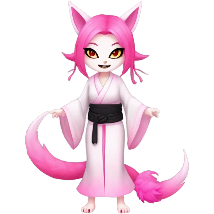 Full body female, succubus kitsune, neon pink eyes, vibrant pink hair, alabaster skin, fluffy black tails, pink tail tips, spiked choker, unique heritage, seductive charm, rebellious spirit, traditional kimonos, spiked anklets, and Barefoot 
 emoji