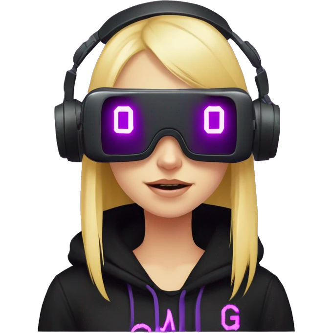 Russian cute blond student girl wearing black hoody with violet letters "OMG", in vr headset. No eyes. Cyberpunk style. Violet neon. emoji