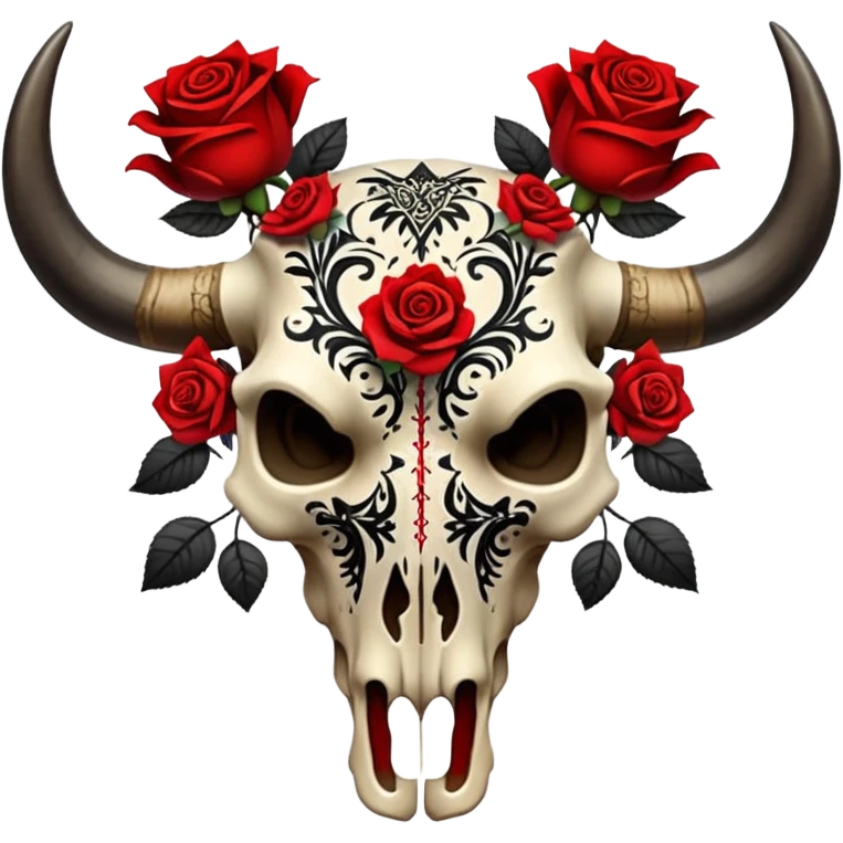 Bull skull with red roses and black intricate patterns emoji