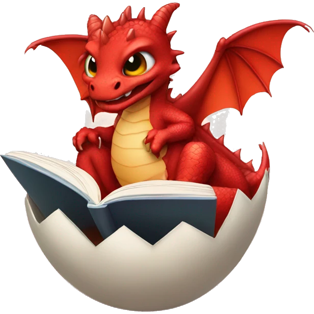 red baby dragon reading a book while sitting in freshly hatched egg emoji