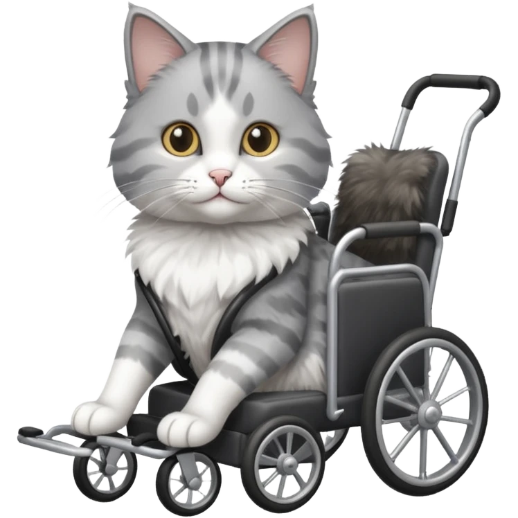 grey and white cat in a cat mobility wheelchair emoji