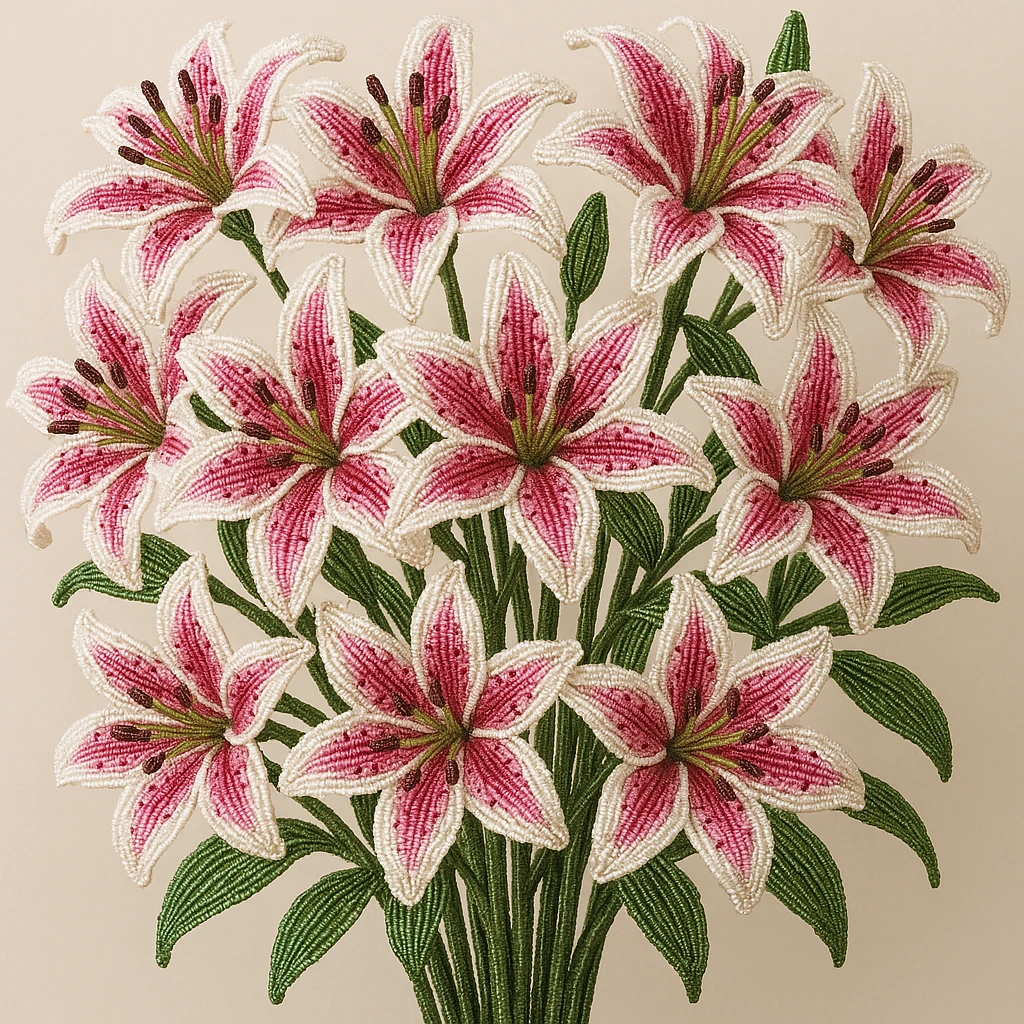 a dozen french beaded stargazer lilies, intricate beadwork, vibrant pink and white petals, green stems, realistic floral arrangement, close-up, elegant and detailed emoji