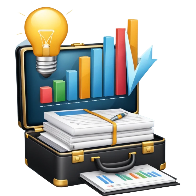 An icon showing a briefcase, a stack of documents, and a rising bar chart, representing business and entrepreneurship. The design features a laptop and a lightbulb, symbolizing innovation and strategy. Transparent background highlights the dynamic world of business growth and leadership. emoji