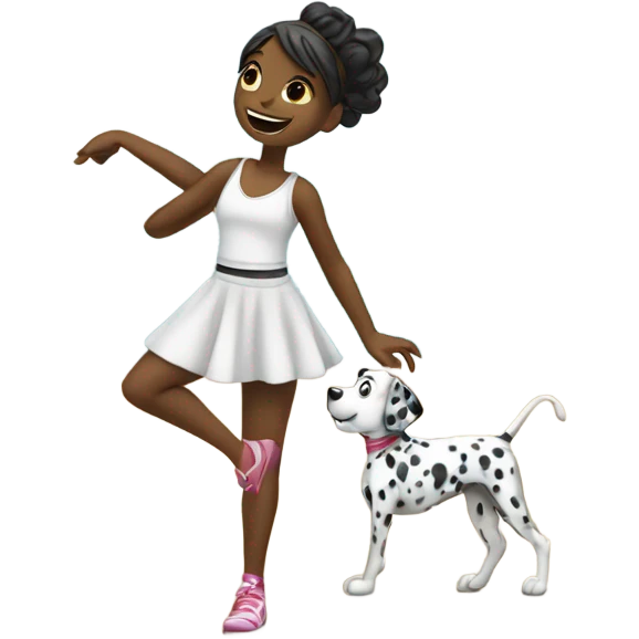 a girl in a dance studio dancing alone with her dalmation  emoji