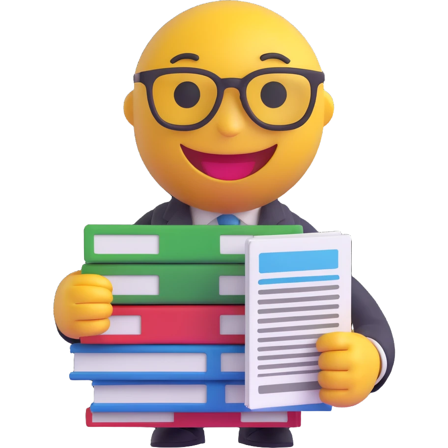 3D smiley emoji, round shape, administrator: holding a stack of documents, wearing glasses, with the text "Adminisztrátor" on it emoji