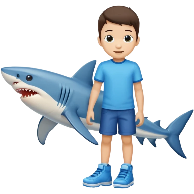 Haz a un niño con zapatos azules con forma de tiburon emoji