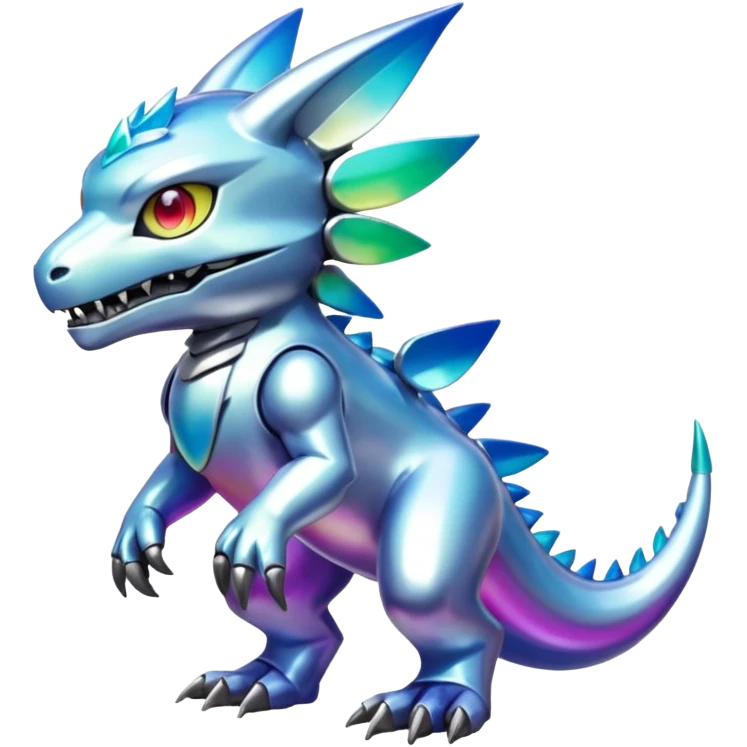 white iridescent colorful metallic alloy gradient shiny glossy Fakémon-Digimon-creature-hybrid (full body) emoji