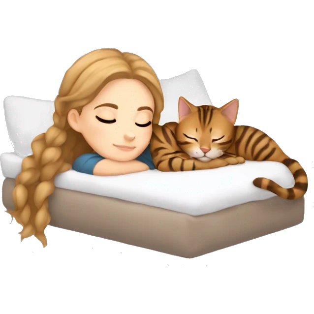 extremely light skin girl with light brown hair sleeping with cute bengal cat emoji