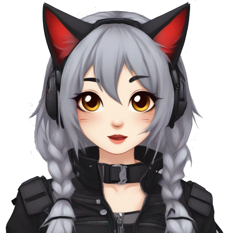 Gorgeous gothic dark techwear anime style anthro cat furry sona with blushing face aesthetic and pretty edgy black red punk messy ponytail hair with collar and harness trending style emoji