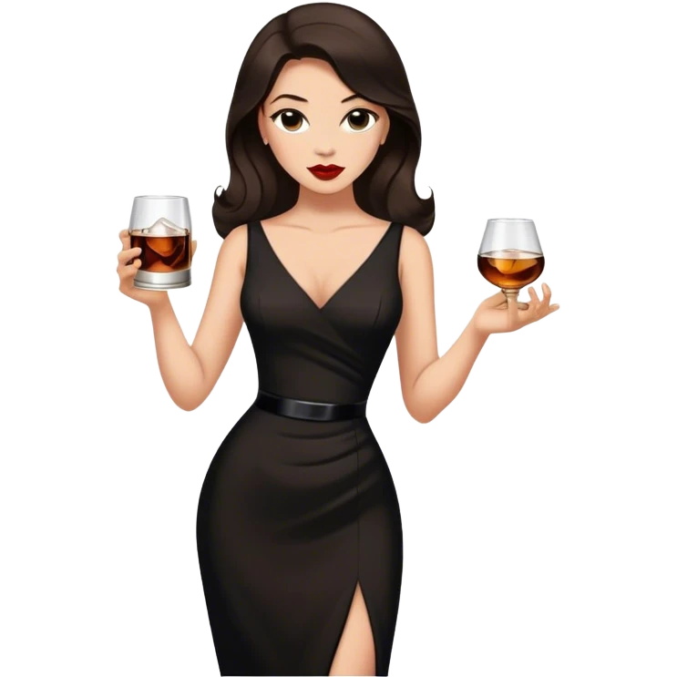 Beautiful woman in 1950’s woman fashion look, black dress, long dark brown hair, whisky with ice emoji