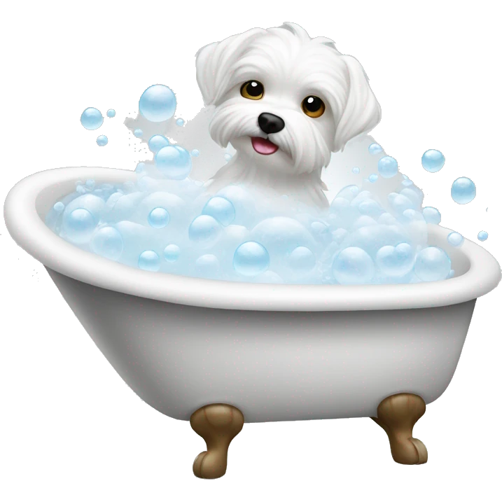 bath tub filled with white bubbles and Maltese inside  emoji