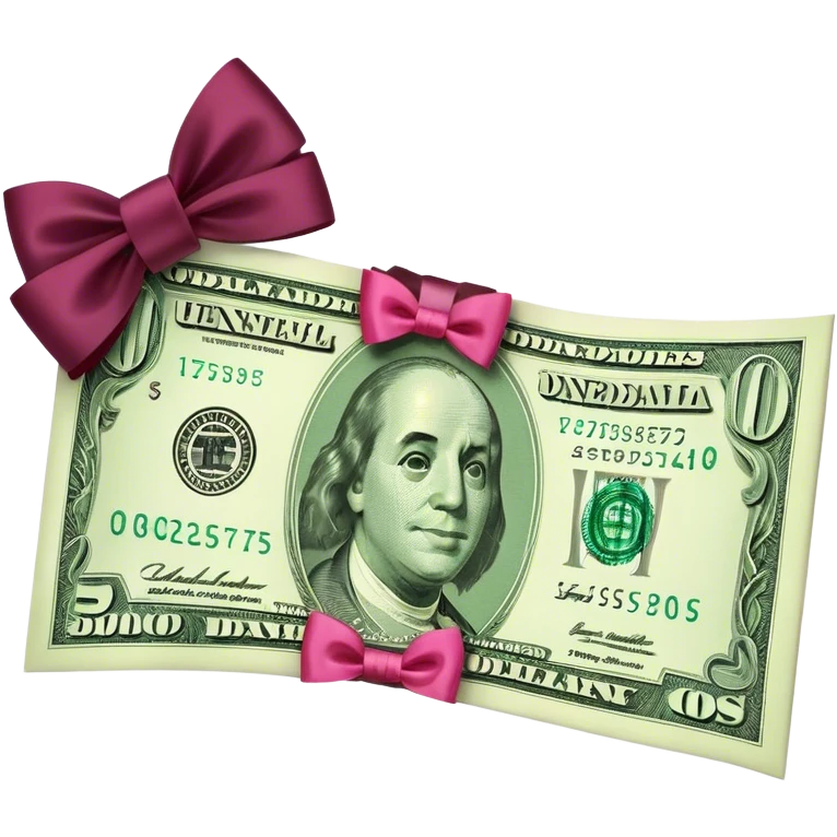 Dollar bill with burgundy pink bow on top emoji