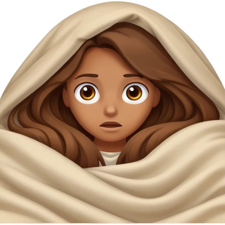 a tanned girl with brown long hair laying in bed hid under the blanket  in fear emoji