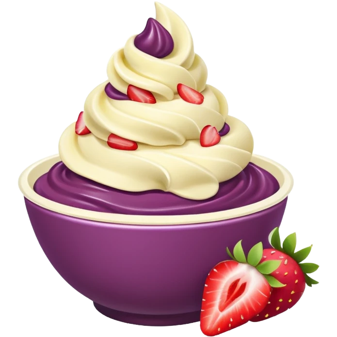 acai purple soft serve in a bowl strawberries and chopped banana emoji