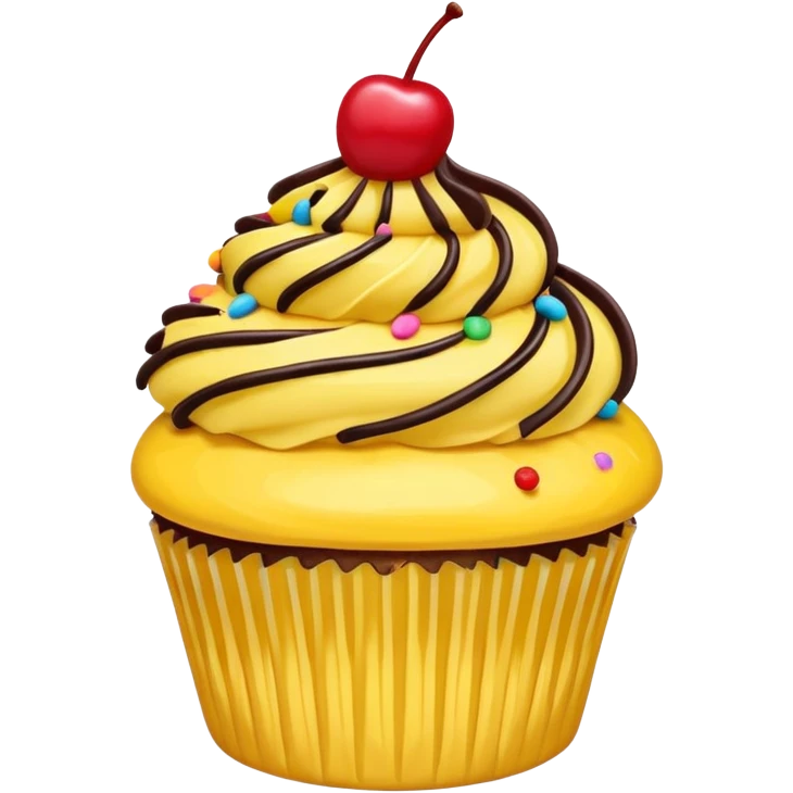 Vanilla cupcake with yellow frosting, chocolate drizzle, sprinkles & a cherry on top  emoji