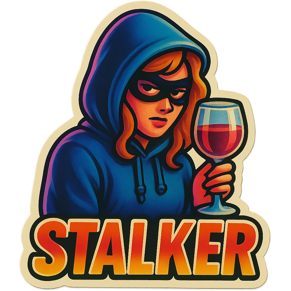 A sticker of a female stalker with a glass of wine emoji