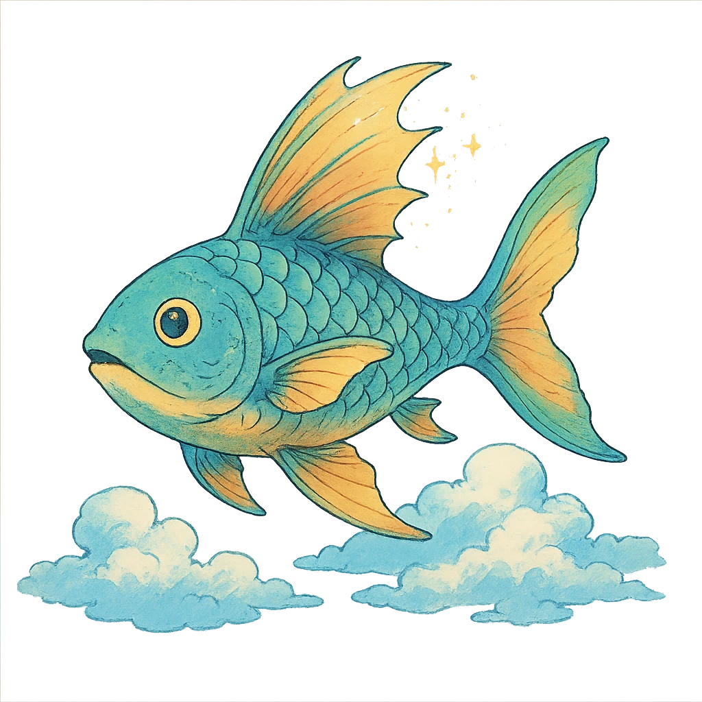 A magical flying fish soaring above the clouds, inspired by the fantasy elements from Castle in the Sky, in the style of Studio Ghibli. emoji