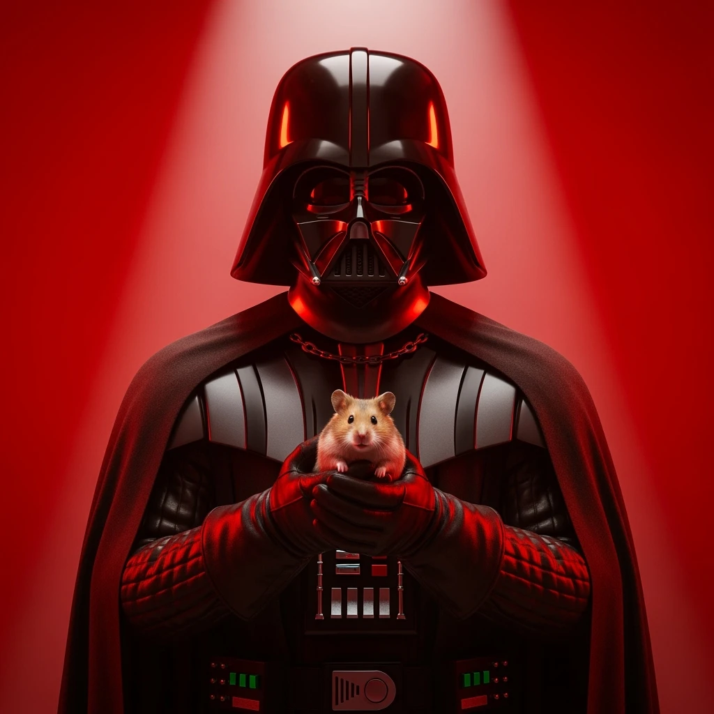 Closeup Photo of a darth vader holding hamster, low key light, red solid background with leading lines, back light, spot light emoji