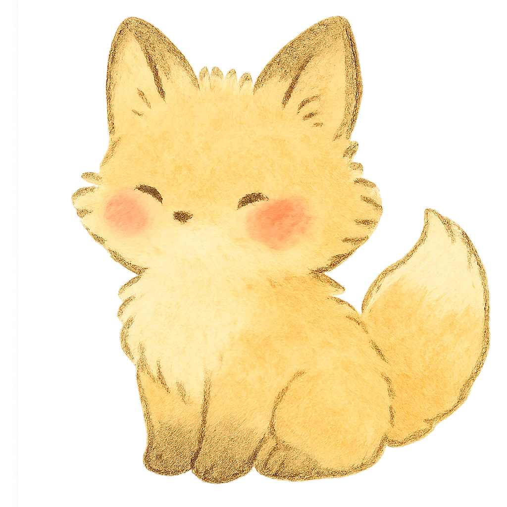 fluffy baby fox silhouette, Japanese soft pastel hand-drawn style, full object, transparent background, with blushing cheeks emoji