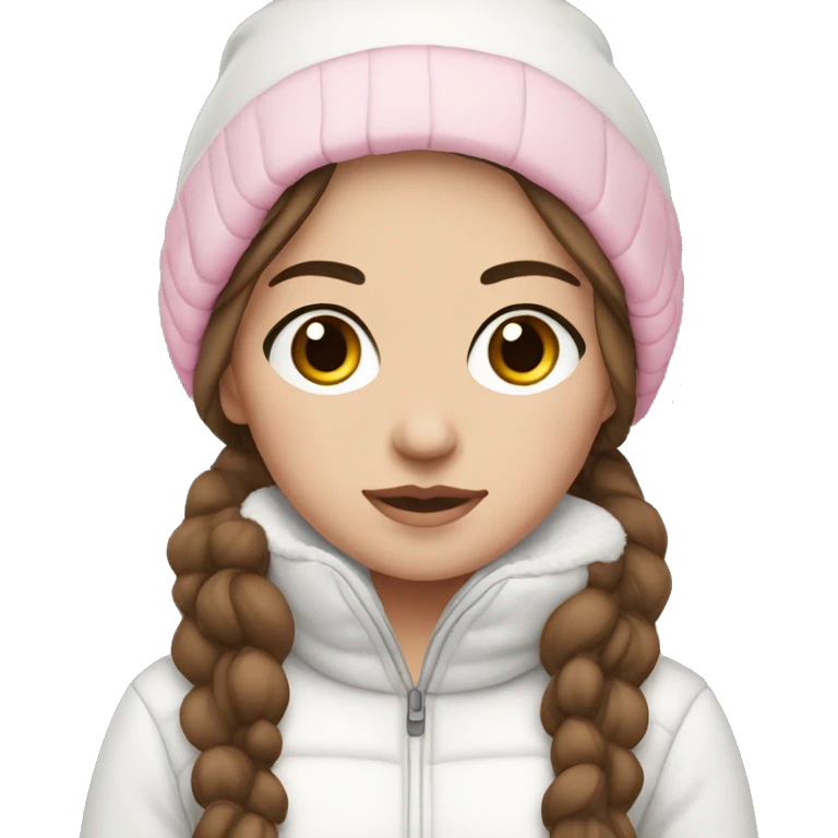 white girl with brown hair and black eyes wearing a white and pink winter outfit emoji