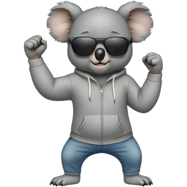anthropomorphised koala, full body, wearing a hoodie and jeans, dark sunglasses, shaking fist emoji