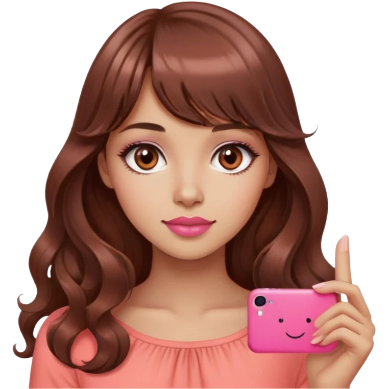 cute woman, light tan skin, big dark brown eyes, very long wavy auburn hair, bangs, pink top, coral lipstick, piece sign emoji