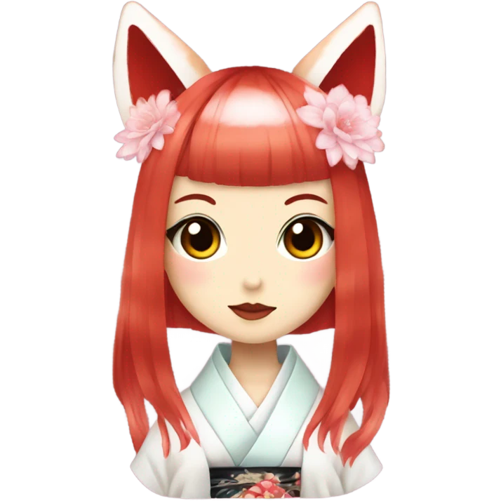 hime gyaru girl, kimono, short red hair, kitsune mask emoji